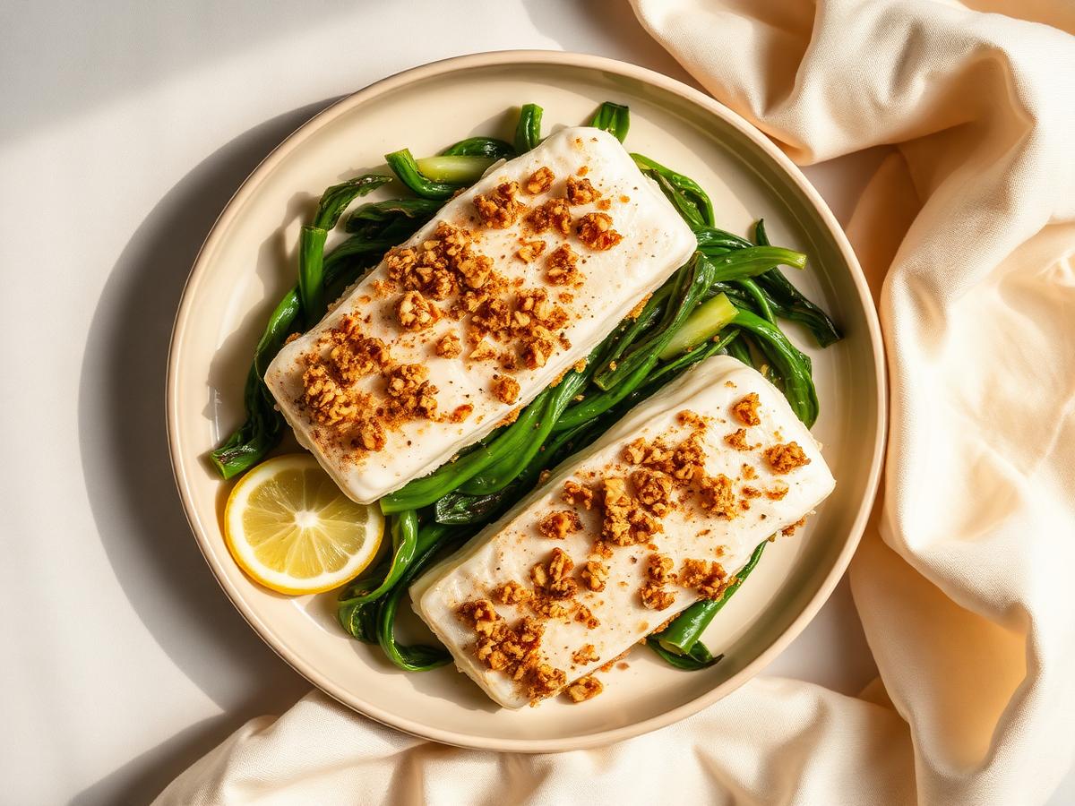 Walnut Crusted Cod with Greens